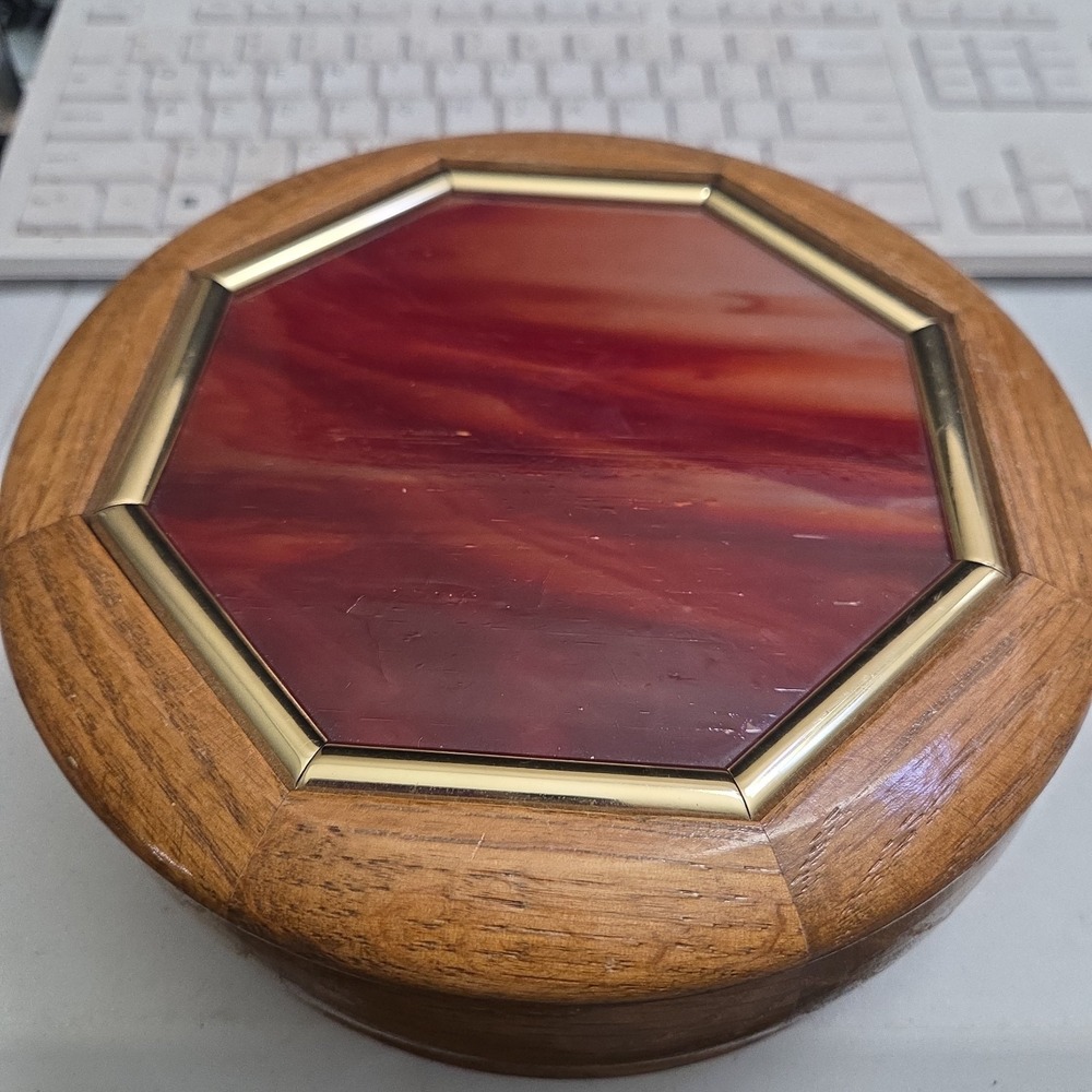 Vintage Wooden Music Jewelry Box Red Velvet Lined Marble Slag Style Top